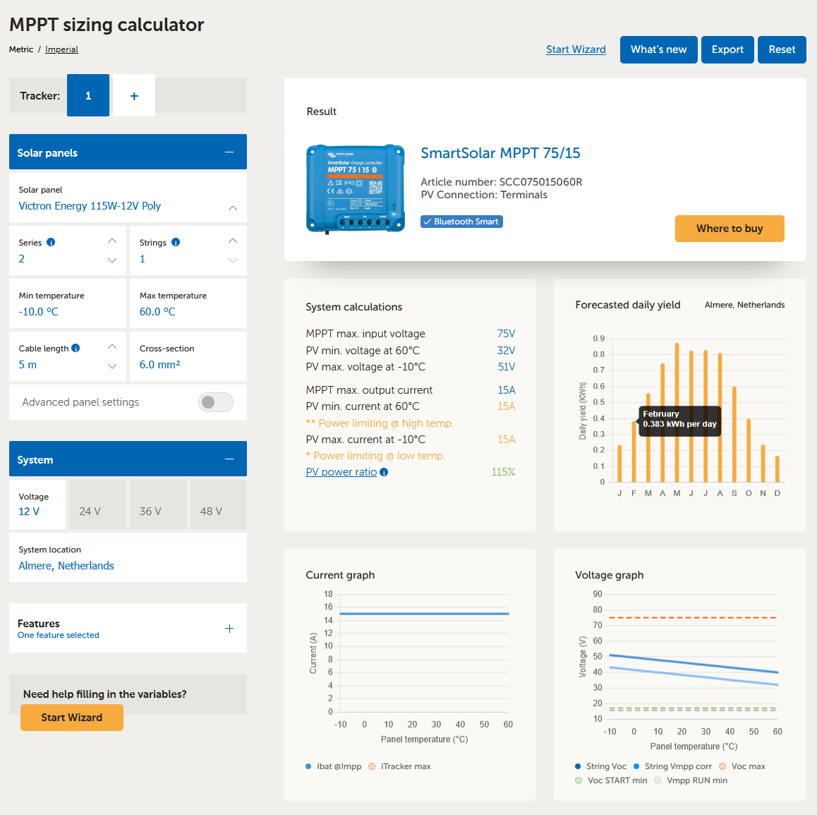 Victron MPPT Calculator result